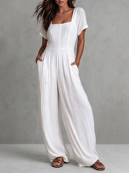 High Waisted Short Sleeves Backless Pleated Pockets Solid Color Zipper Square-Neck Jumpsuits