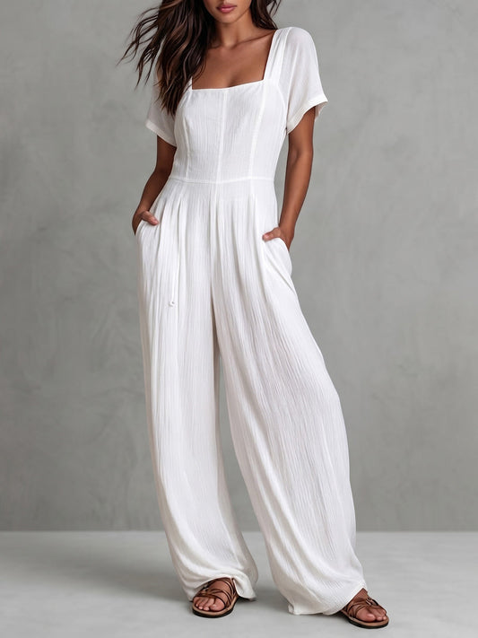 High Waisted Short Sleeves Backless Pleated Pockets Solid Color Zipper Square-Neck Jumpsuits