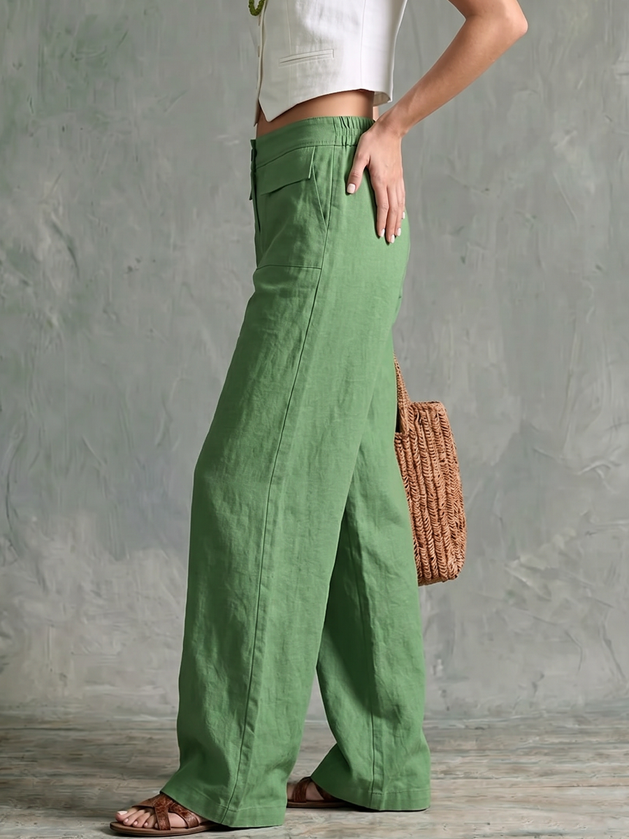 Solid Color Pockets Elasticity Buttoned Wide Leg High Waisted Trousers Pants