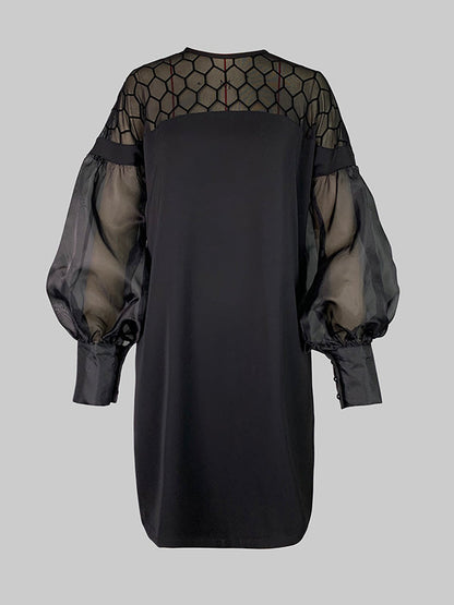 Long Sleeves Loose Hollow Solid Color Split-Joint Round-Neck Mini Dresses
