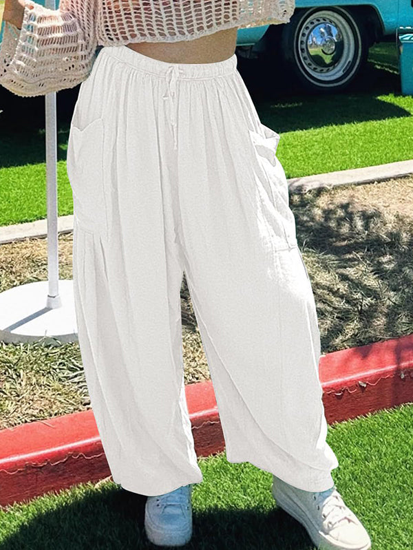 Pantalon taille haute ample avec cordon de serrage et poches plissées, couleur unie 