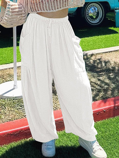 Pantalon taille haute ample avec cordon de serrage et poches plissées, couleur unie 