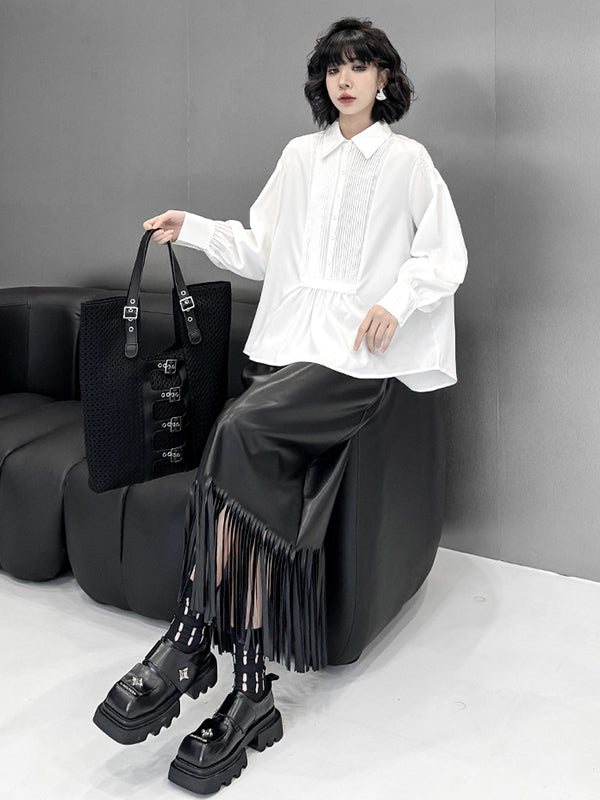 Long Sleeves Loose Buttoned Pleated Solid Color Polo Blouses&Shirts Tops