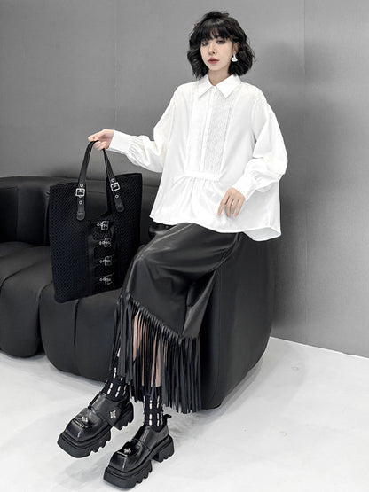 Long Sleeves Loose Buttoned Pleated Solid Color Polo Blouses&Shirts Tops