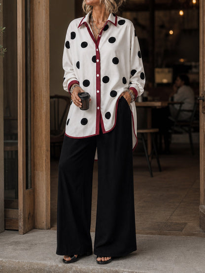 Polka-Dot Contrast Color Buttoned Loose Long Sleeves Lapel Blouses&shirts Tops