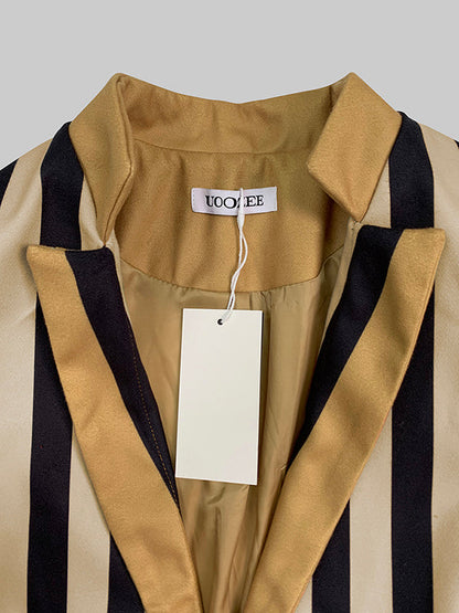 Long Sleeves Loose Buttoned Split-Joint Striped Stand Collar Woolen Coat