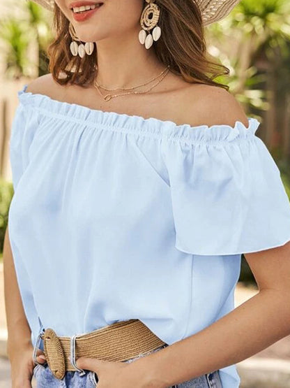Loose Short Sleeves Elasticity Ruffle Trim Solid Color Off-The-Shoulder Blouses&Shirts Tops