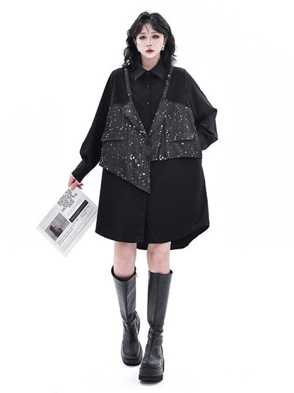 False Two Hipster Asymmetric Split-Joint Textured Lapel Collar Mini Dresses