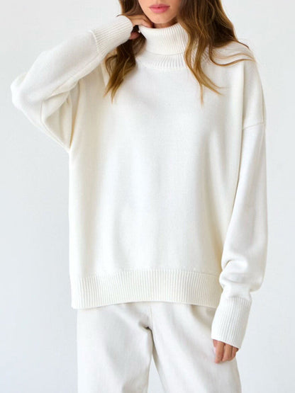 High-Low Long Sleeves Solid Color Split-Joint High Neck Sweater Tops
