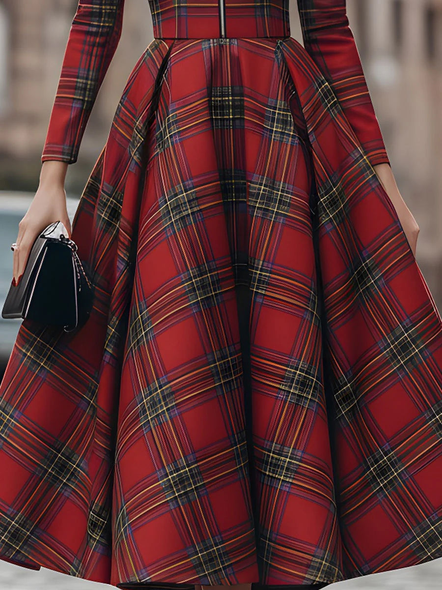 A-Line High Waisted Plaid Pleated Split-Joint Zipper Lapel Maxi Dresses
