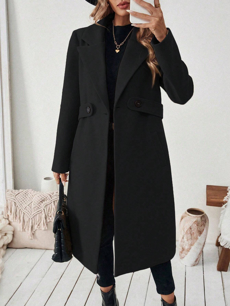 Solid Color Pockets Buttoned Loose Long Sleeves Notched Collar Woolen Coat