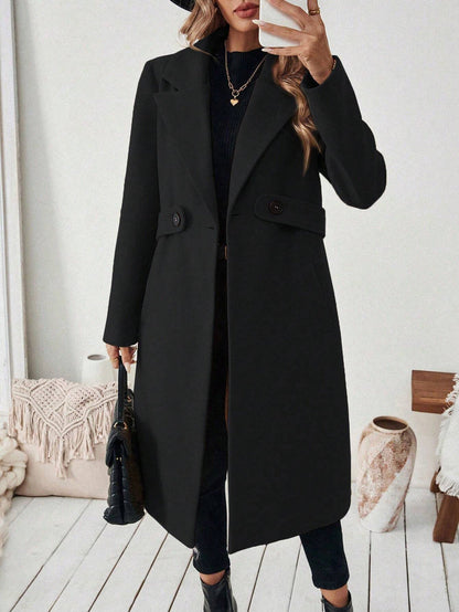 Solid Color Pockets Buttoned Loose Long Sleeves Notched Collar Woolen Coat