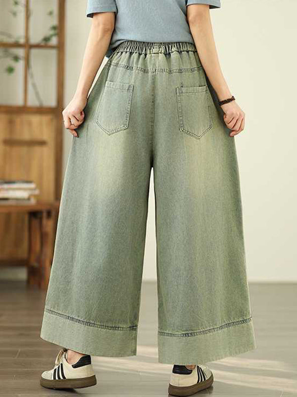 Loose Wide Leg Elasticity Pleated Pockets Jean Pants Bottoms Trousers