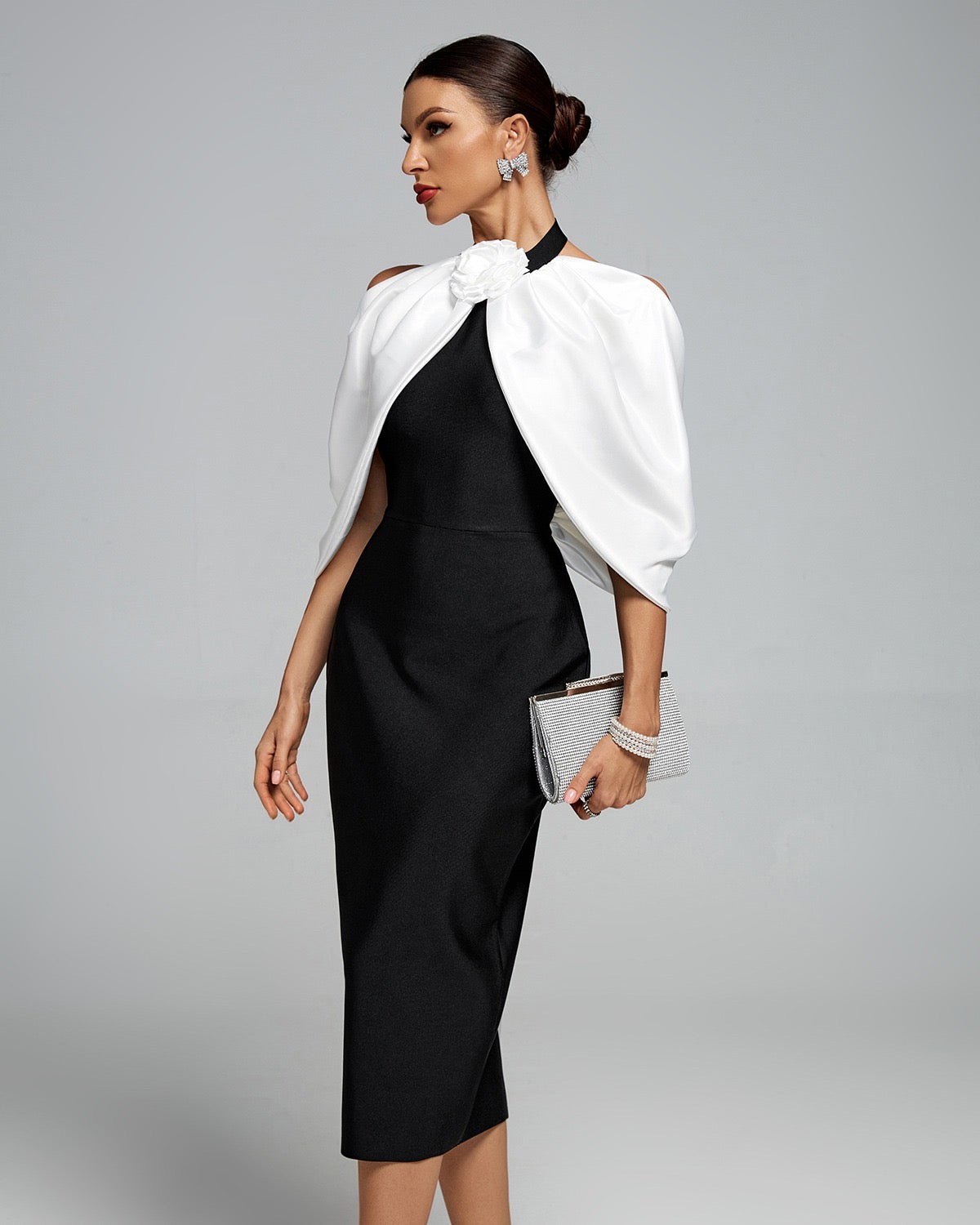 ESTEFANIA Open Back Draped Flower Midi Bandage Dress