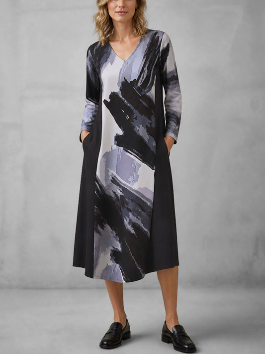 Split-Joint Printed Pockets Contrast Color Loose Long Sleeves V-neck Midi Dresses