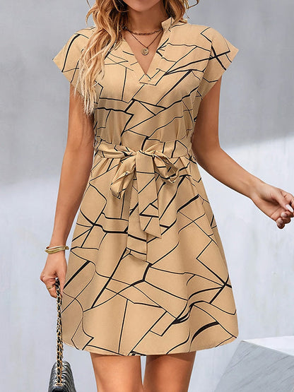 A-Line Loose Printed Tied Waist V-Neck Mini Dresses
