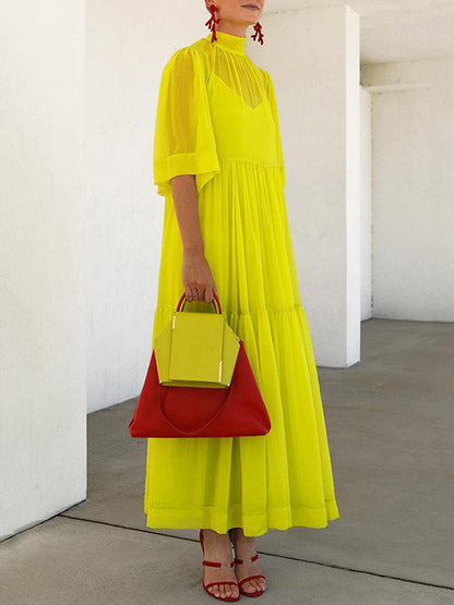 Loose Plus Size Solid Color Split-Joint Inner Dress + Mesh Pleated Mock Neck Outer Dress Two Pieces Set