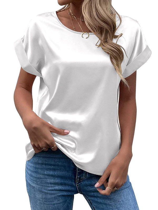 Loose Short Sleeves Solid Color Round-Neck T-Shirts Tops WHITE
