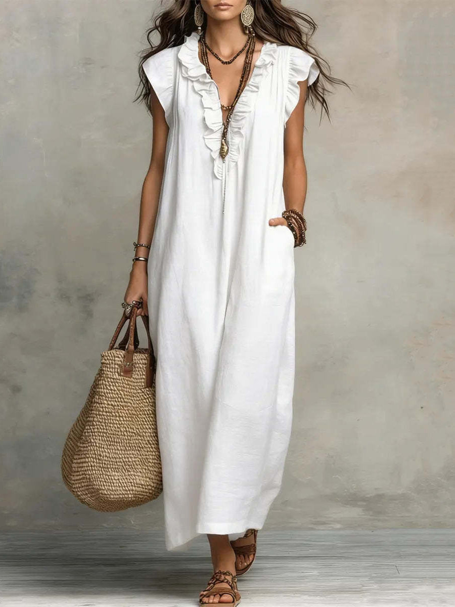Loose Plus Size Pockets Ruffle Trim Solid Color V-Neck Maxi Dresses