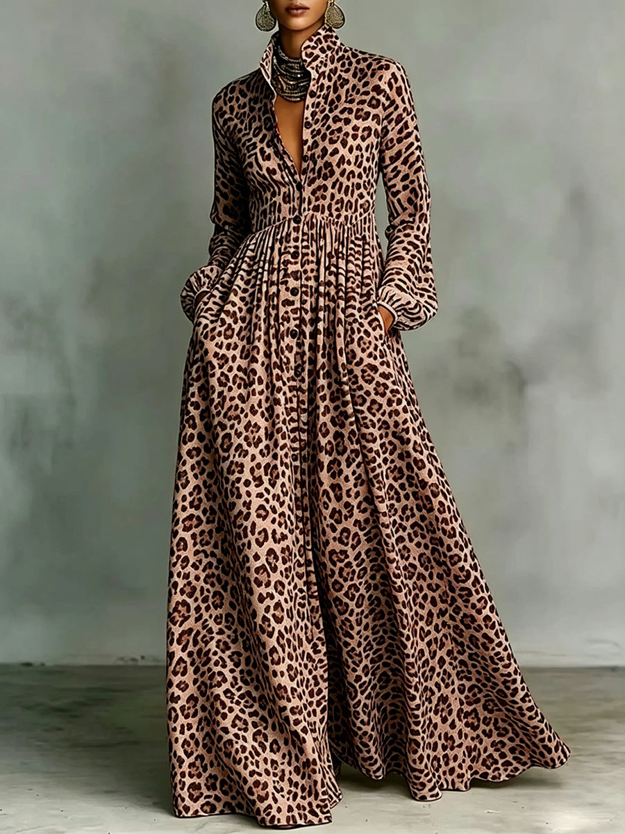 A-Line Long Sleeves Buttoned Contrast Color Leopard Pleated Pockets Lapel Maxi Dresses