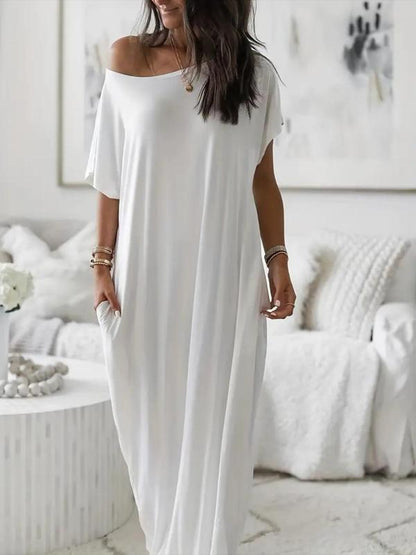 Loose Short Sleeves Solid Color Round-Neck Maxi Dresses
