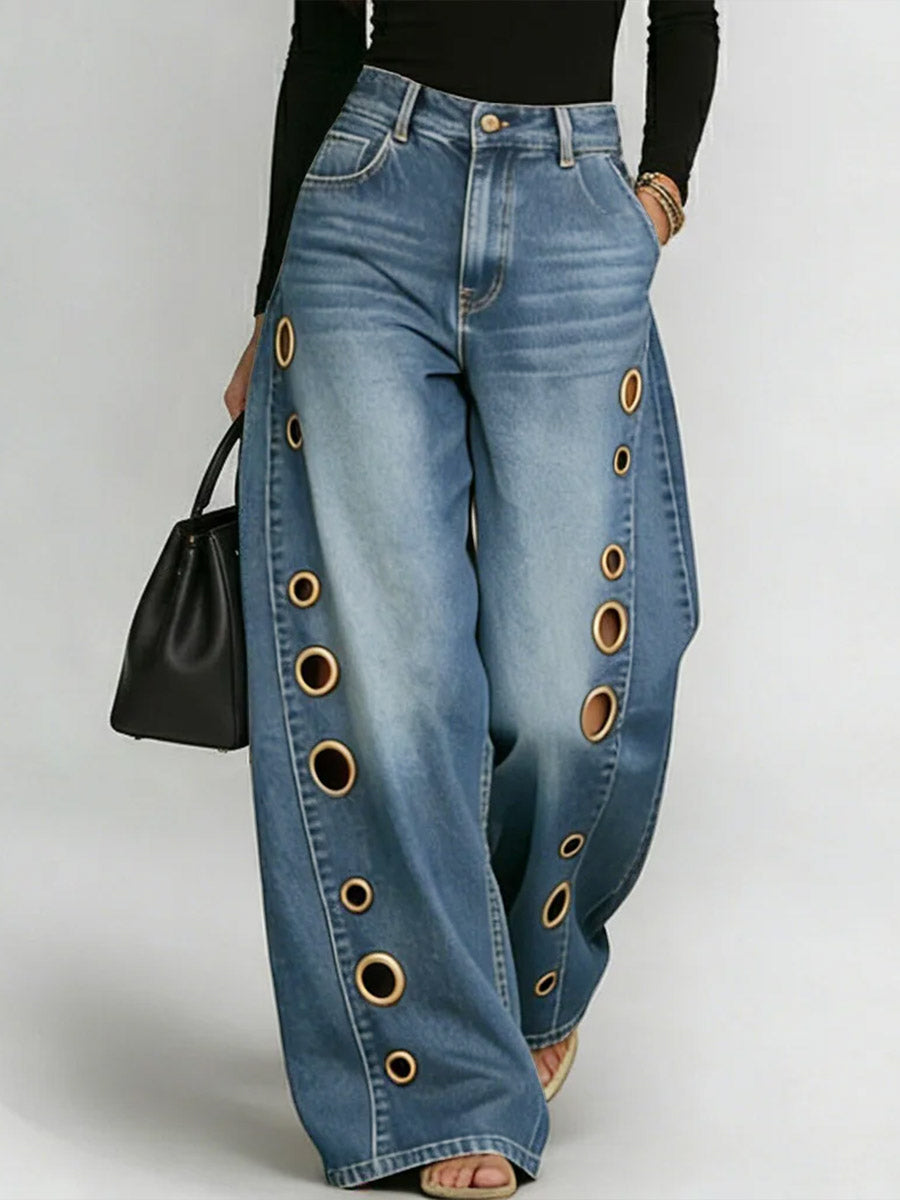 High Waisted Loose Buttoned Geometric Hollow Pockets Split-Joint Jean Pants Bottoms