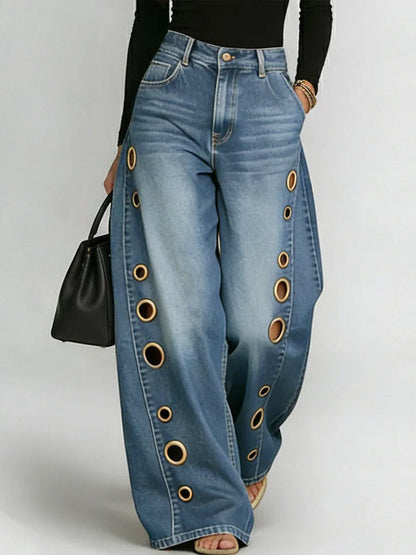 High Waisted Loose Buttoned Geometric Hollow Pockets Split-Joint Jean Pants Bottoms