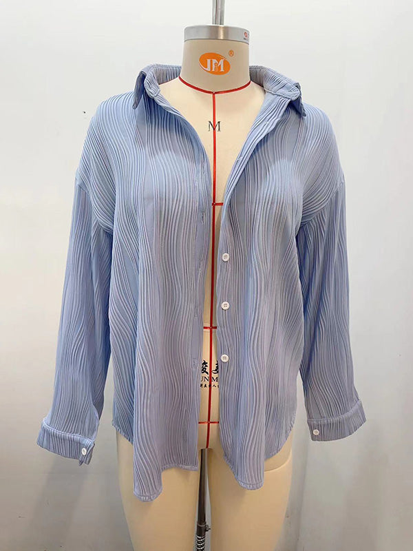 Long Sleeves Buttoned Jacquard Pleated Solid Color Blouses&Shirts Tops