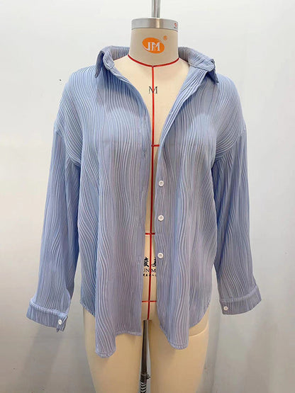 Long Sleeves Buttoned Jacquard Pleated Solid Color Blouses&Shirts Tops