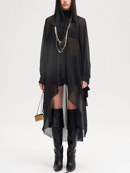 High-Low Long Sleeves Pleated See-Through Solid Color Tied High Neck Blouses&Shirts Tops