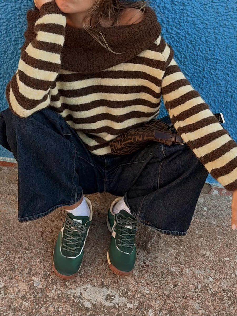 Striped Contrast Color Loose Long Sleeves Off-the-shoulder Sweater Tops