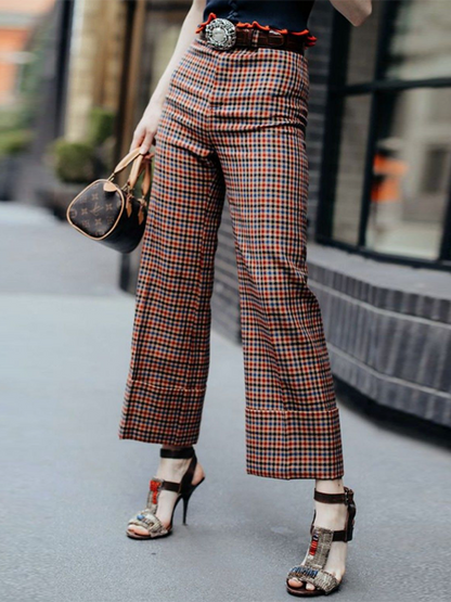 Column Contrast Color Plaid Casual Pants Bottoms Trousers