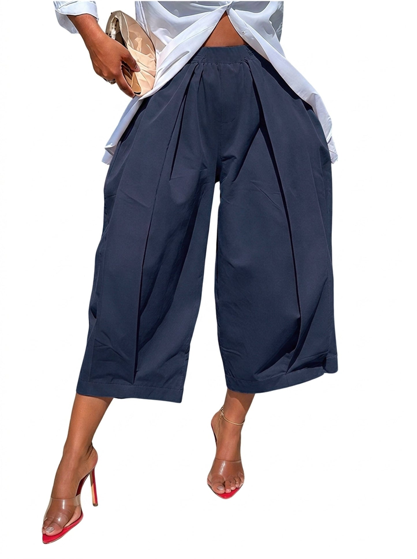 Solid Color Pockets Pleated Wide Leg Loose Pants
