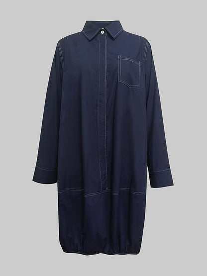 Long Sleeves Loose Buttoned Pockets Solid Color Lapel Midi Dresses