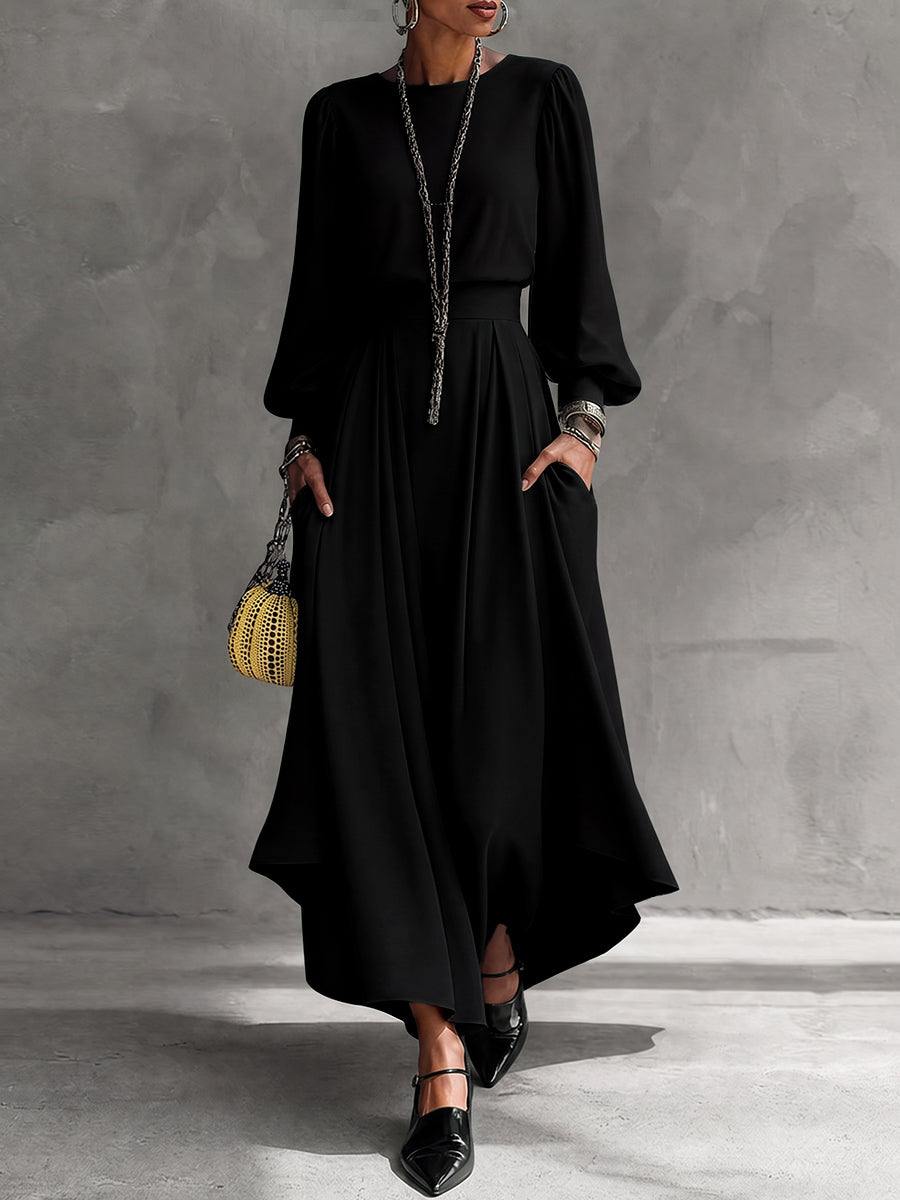 Solid Color Pockets Pleated Elasticity Long Sleeves High Waisted Boat Neck Maxi Dresses