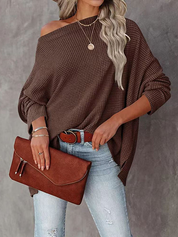 Long Sleeves Loose Solid Color Split-Side Boat Neck T-Shirts