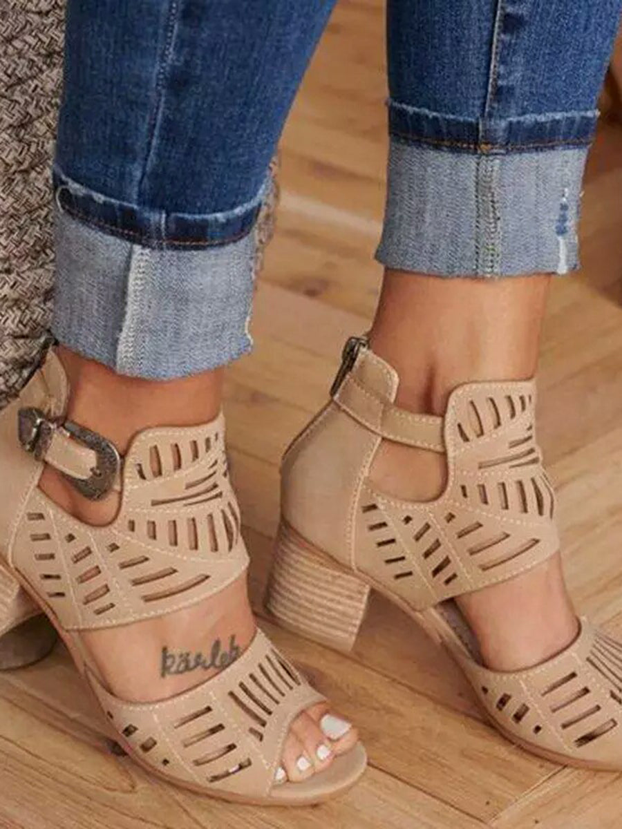 Solid Color Hollow Open Toe Buckle Pumps Sandals