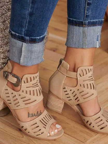 Solid Color Hollow Open Toe Buckle Pumps Sandals