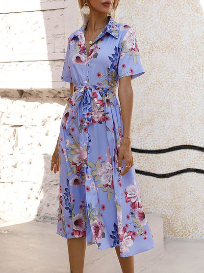 A-Line Loose Buttoned Flower Print Tied Waist Lapel Midi Dresses
