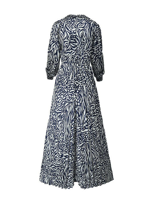 Loose Puff Sleeves Pleated Printed Split-Joint Deep V-Neck Jumpsuits