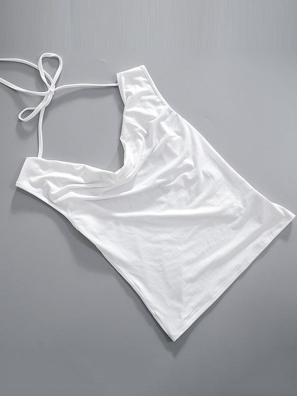 T-shirt ample, moulant, dos nu, à lacets, transparent, couleur unie, fendu, épaules dénudées 