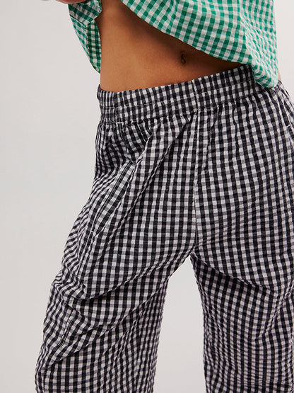 Loose Plaid Pockets Split-Joint Pants Trousers