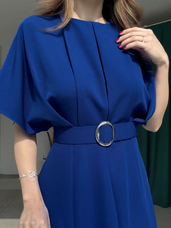 Loose Raglan Sleeve Pleated Split-Front Split-Joint Tied Waist Round-Neck Maxi Dresses