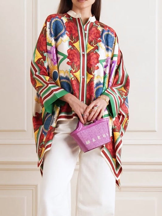 Chemisiers et chemises à col montant et imprimé floral, manches chauve-souris, boutons asymétriques 