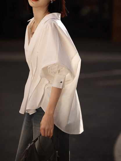 High-Low Long Sleeves Pleated Solid Color Split-Joint Lapel Blouses&Shirts Tops