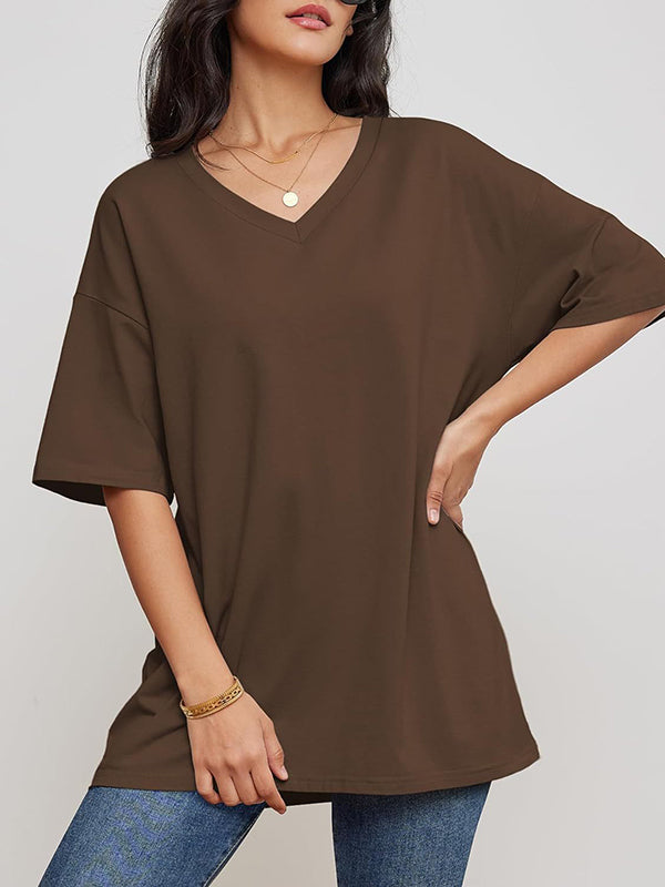 T-shirts à manches courtes et col en V, couleur unie 