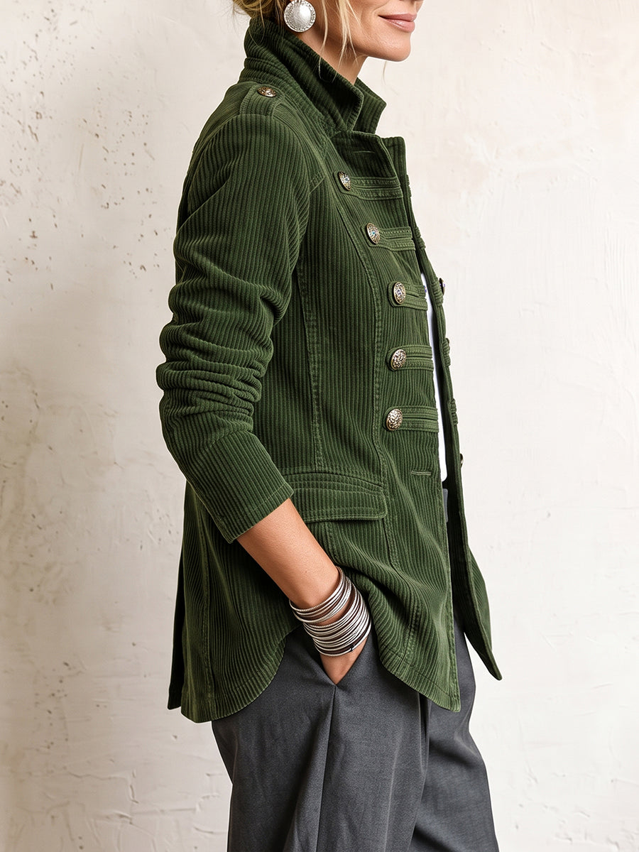 Split-Joint Solid Color Buttoned Long Sleeves Stand Collar Outerwear
