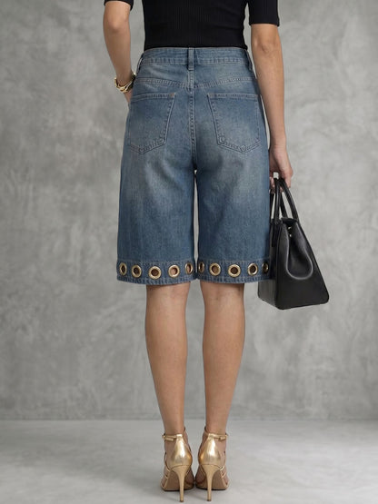 High Waisted Wide Leg Buttoned Hollow Pockets Solid Color Split-Joint Jean Pants Bottoms Shorts Bottoms