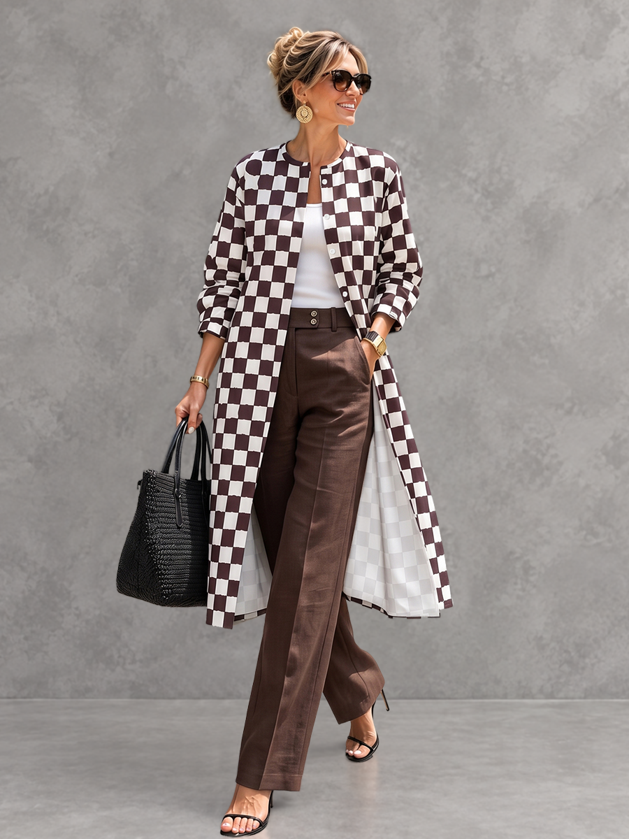 Plaid Contrast Color Buttoned Long Sleeves Round-neck Outerwear
