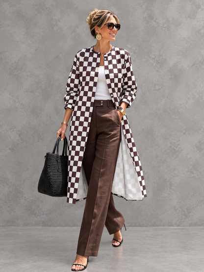 Plaid Contrast Color Buttoned Long Sleeves Round-neck Outerwear